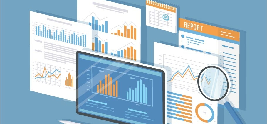 illustration of computer screen with printed reports behind it